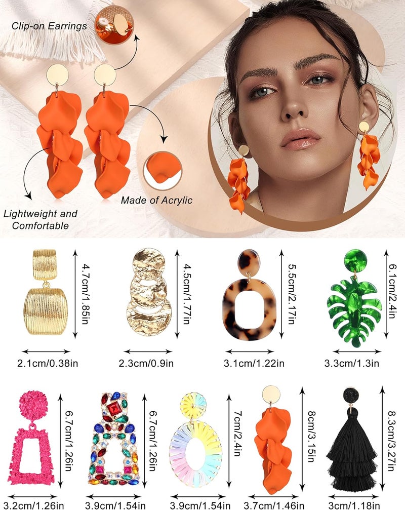 JeryWe 9 Pairs Clip on Earrings for Women Fashion Rattan Acrylic Tassel Drop Dangle Earrings Set Lightweight Geometric Statement Bohemian Clip Earrings for Non Piercied - Image 2